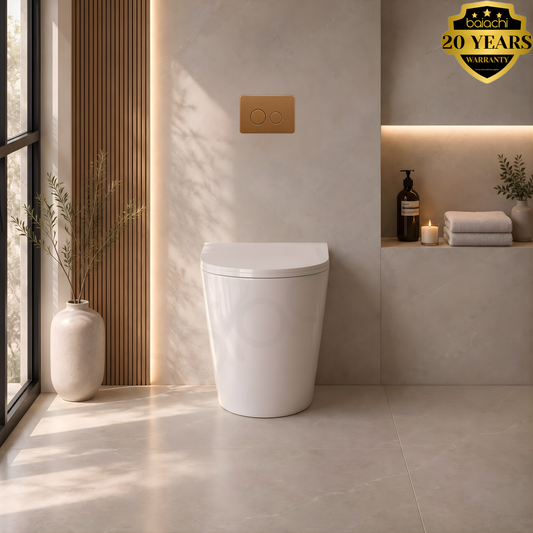 Ballina Rimless In Wall Toilet Suite with Round Stainless Steel Brushed Copper Flushing Buttons