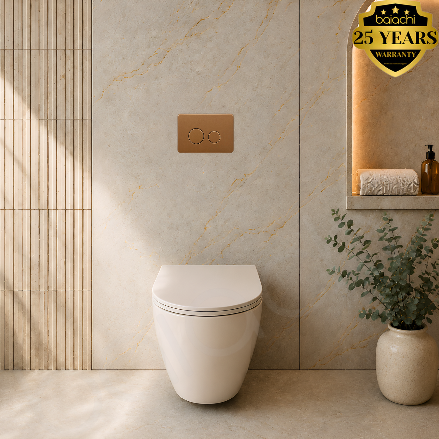Baiachi Involution Rimless In Wall Tornado Toilet Suite with Round Stainless Steel Brushed Copper Flushing Buttons BTW1