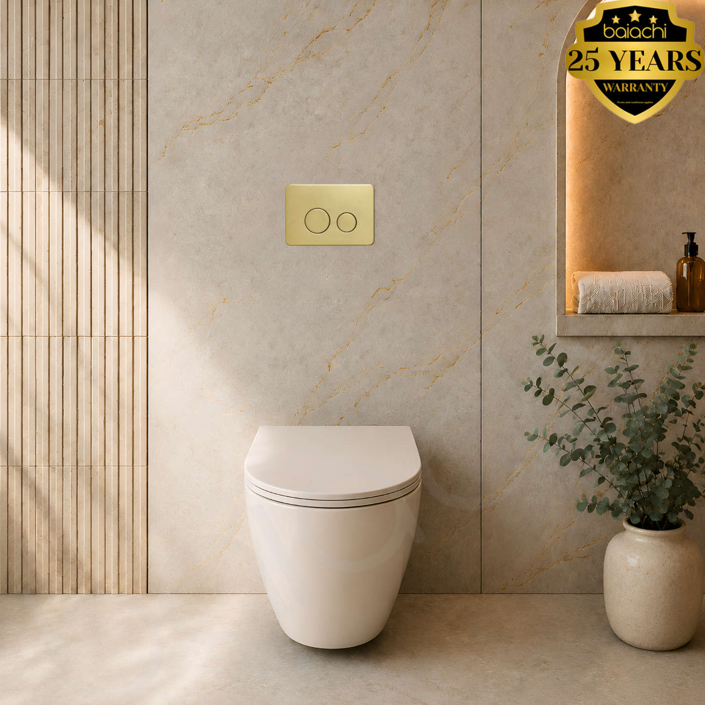 Baiachi Involution Rimless In Wall Tornado Toilet Suite with Round Stainless Steel Brushed Gold Flushing Buttons BTW2