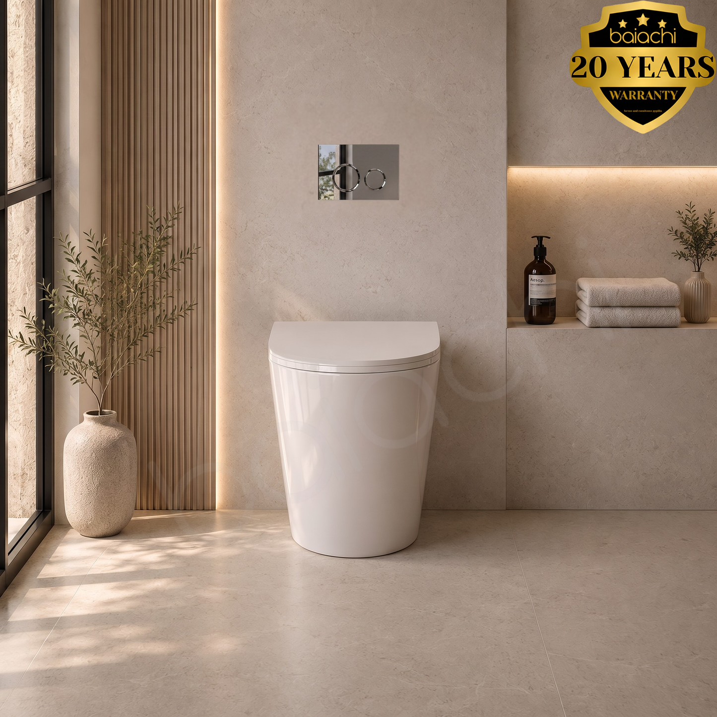 Ballina Rimless In Wall Toilet Suite with Round Chrome Flushing Buttons