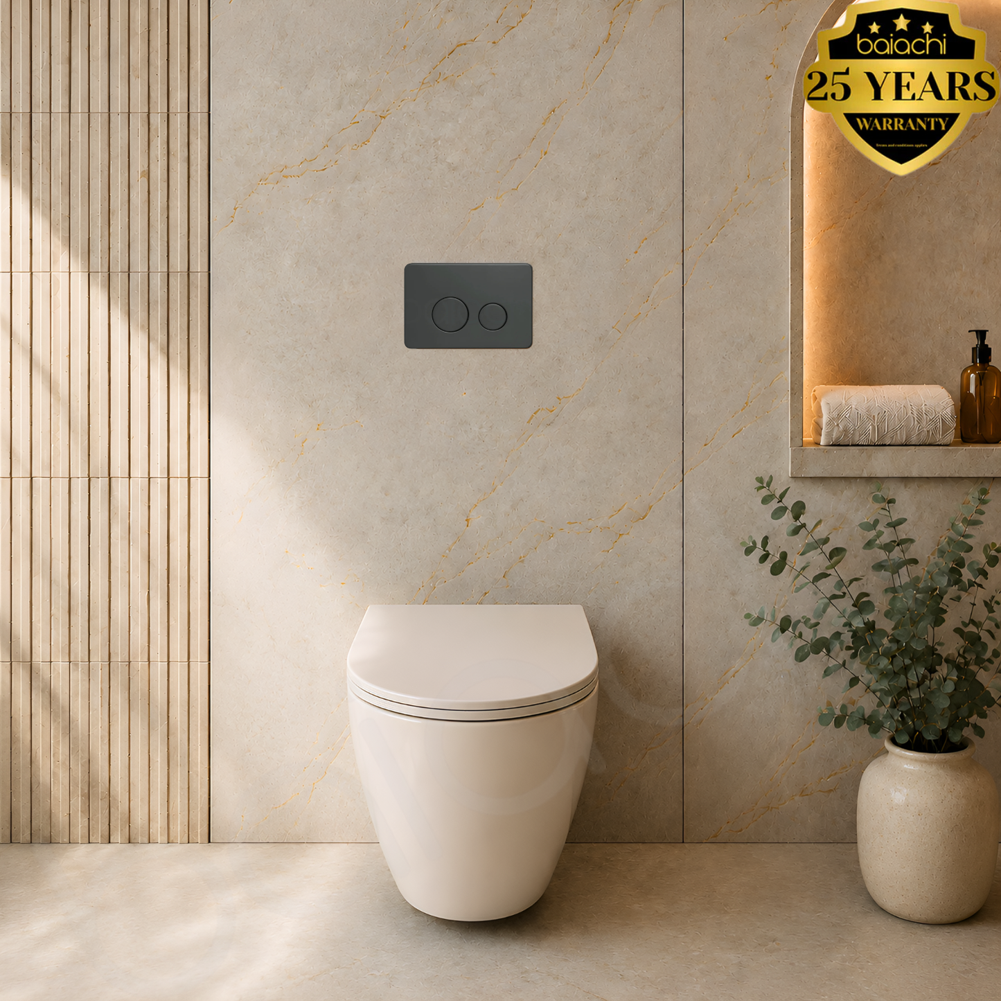 Baiachi Involution Rimless In Wall Tornado Toilet Suite with Round Stainless Steel Gun Metal Flushing Buttons BTW2
