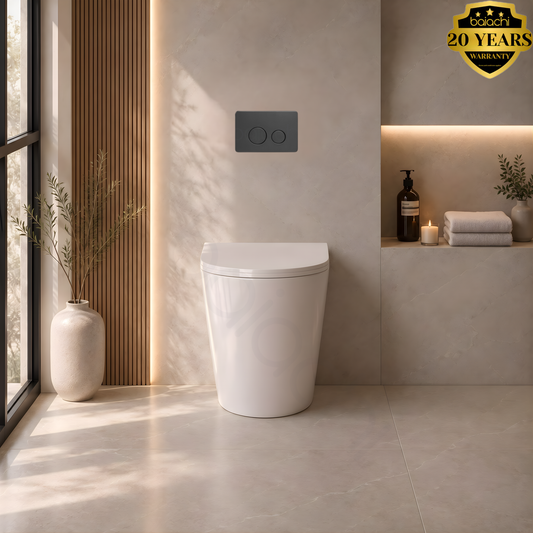 Ballina Rimless In Wall Toilet Suite with Round Stainless Steel Gun Metal Flushing Buttons