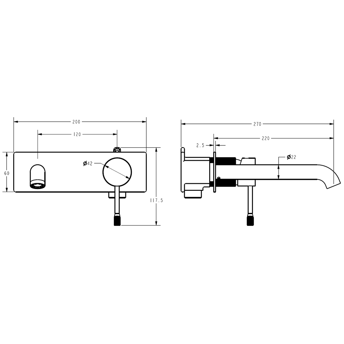 Linie Wall Basin Mixer 220mm Spout Brushed Gold